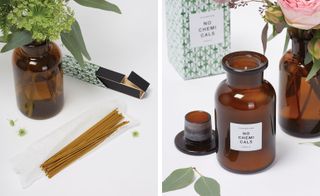 Nautral home fragrances in the form of lightly spiced insence sticks and a gently floral candle