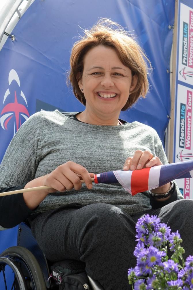 Dame Tanni Grey Thompson waves the riders off