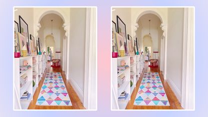 Two pictures of a colorful hallway on an ombre background