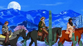 A screenshot from the movie "Quantum Cowboys" where three cowboys are riding slowly on horses with the moon in the sky