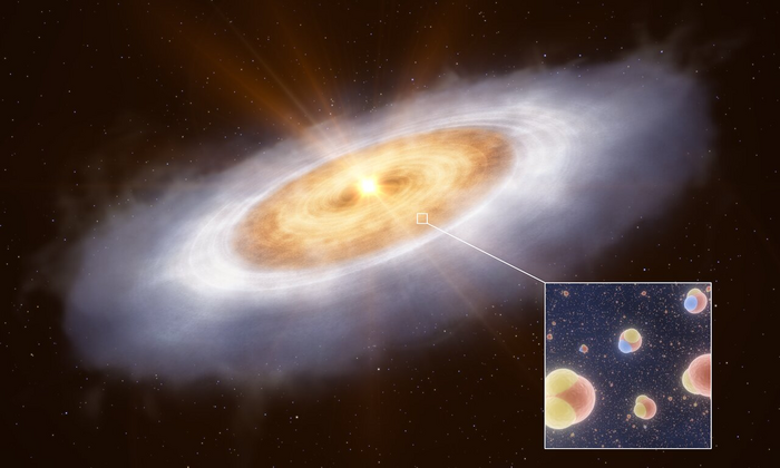 एक कलाकार की छाप स्टार V883 ओरियोनिस के चारों ओर ग्रह बनाने वाली डिस्क को दिखाती है।