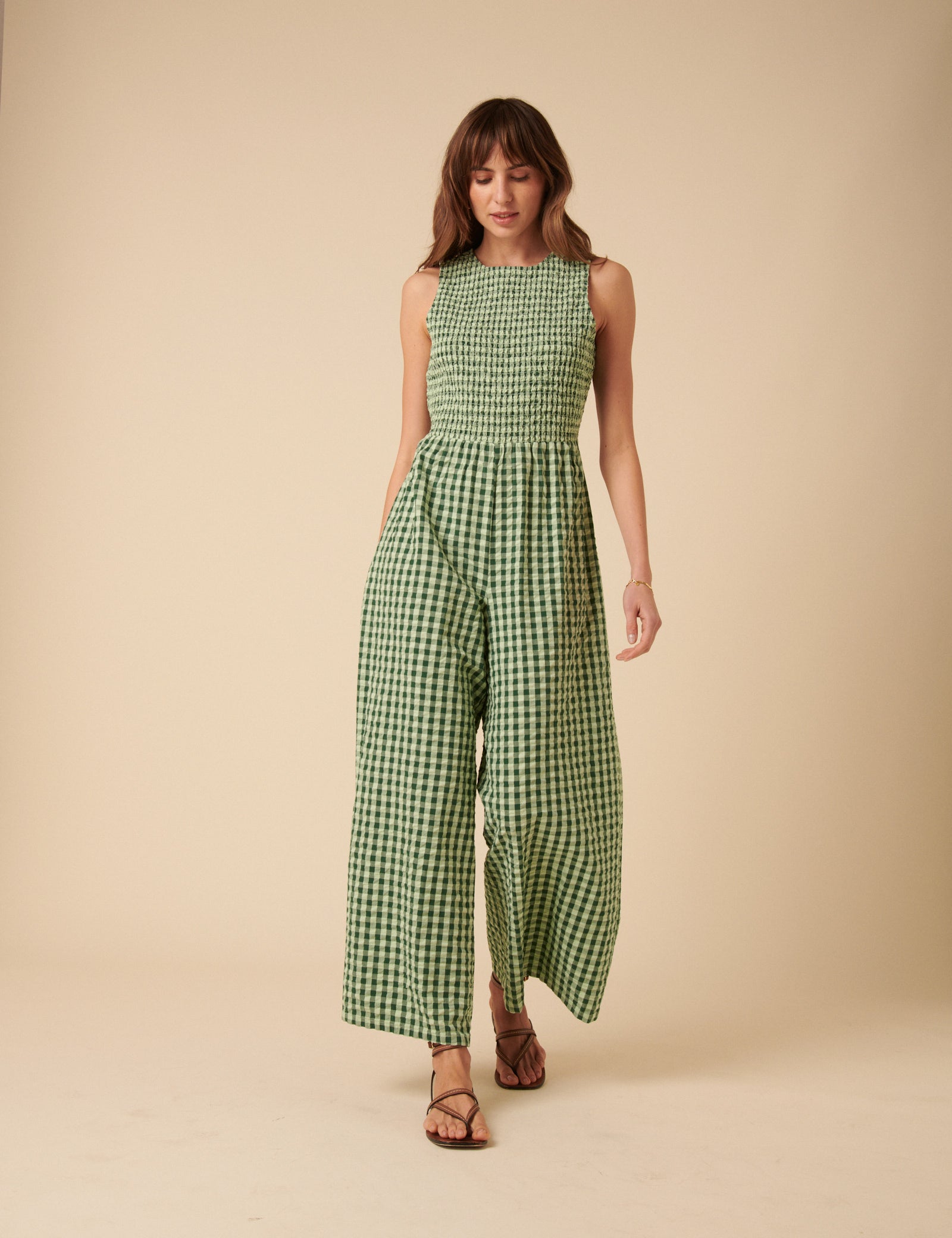 Green Gingham Shirred Jumpsuit