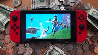 Nintendo Switch playing fortnite on top of money