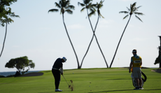 Matthieu Pavon hits a wedge shot in front of palm trees