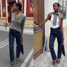 Influencer Sylvie wears dark wash denim with black kitten heels and a white tank. She also wears a grey sweater. 