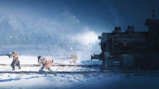 Three people fighting in the snow in front of a stopped steam train