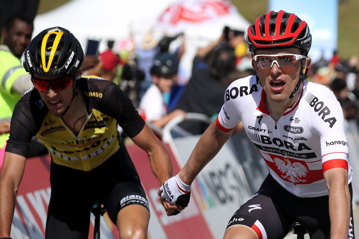 George Bennett and Rafa Majka shake hands post-stage