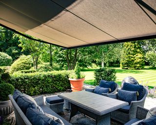 patio awning with garden furniture