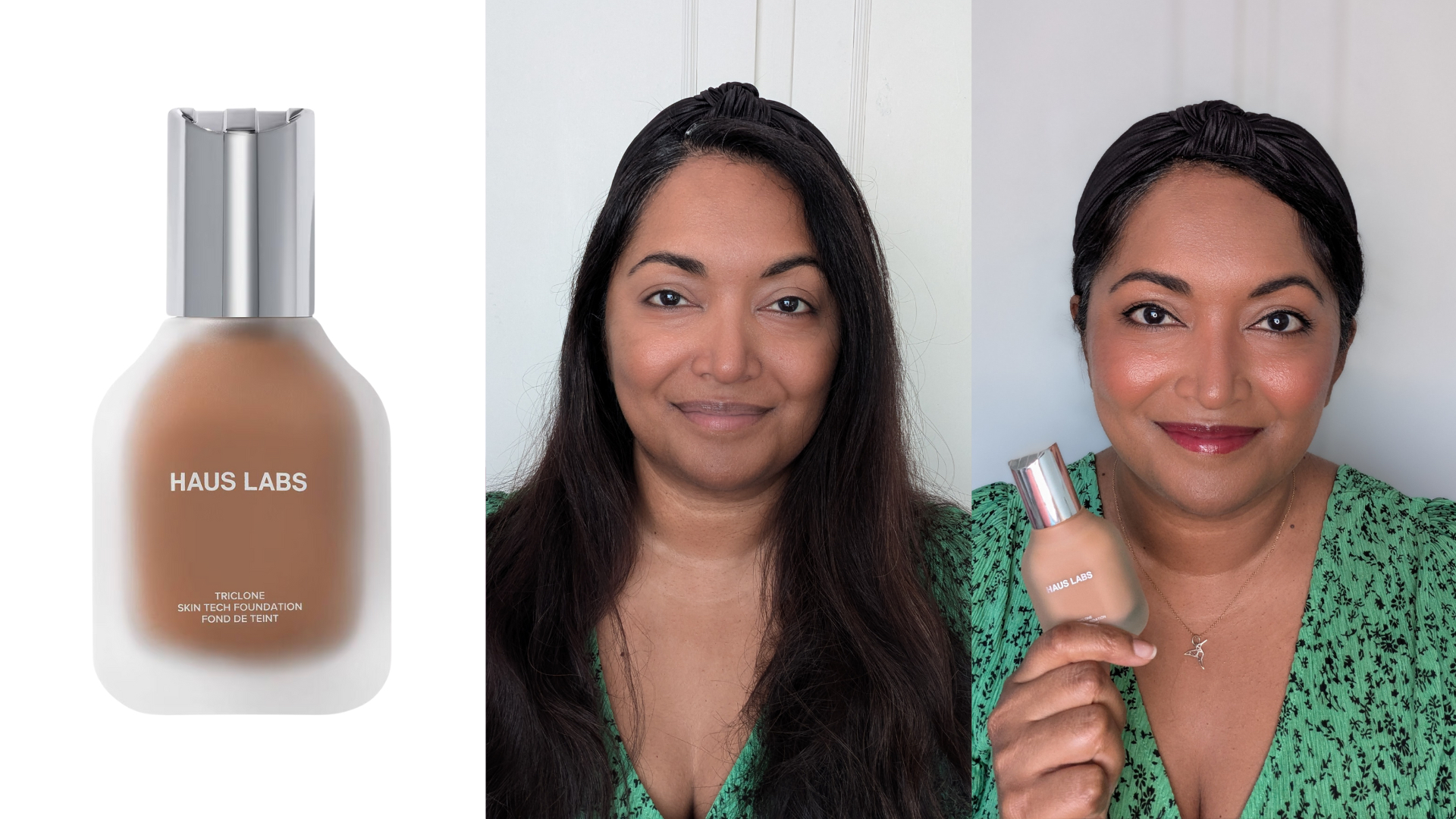 Collage of the Haus Labs Triclone Skin Tech Foundation (left) and Ayesha before and after applying the foundation (centre and right)