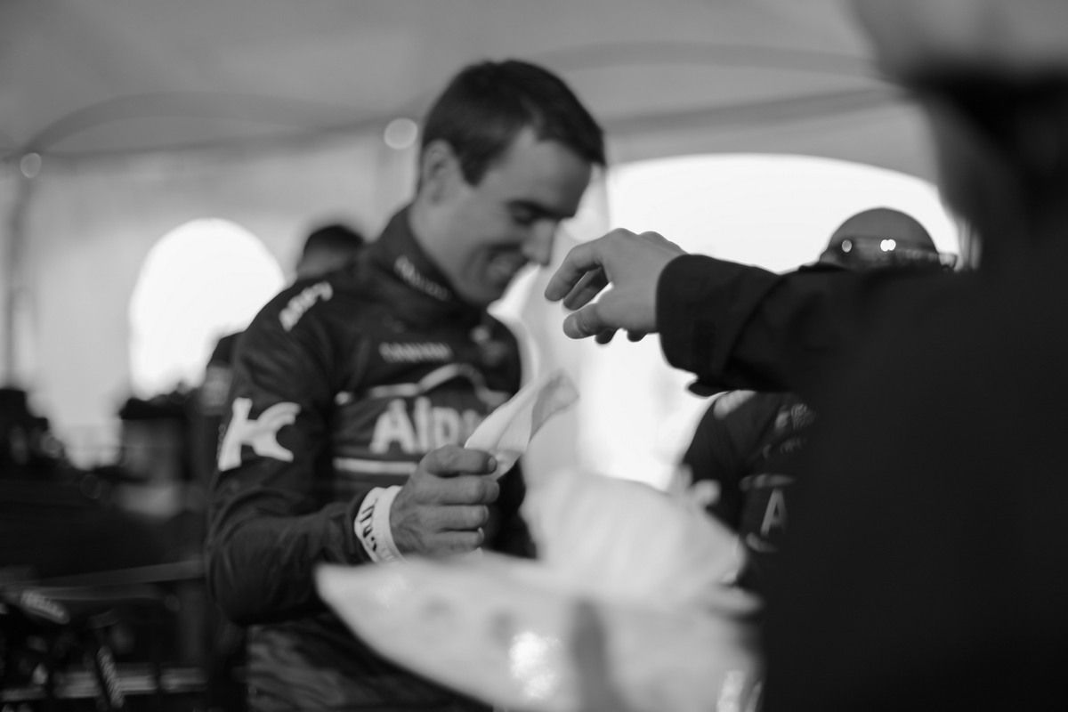 Enjoying a lighter moment at the race