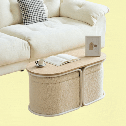 Senja, Wooden Coffee Table with White Poufs