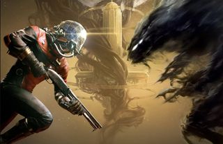 A promotional image for Prey showing a spaceman and a typhon enemy