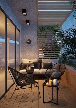 Outdoor balcony with minimal chairs and table