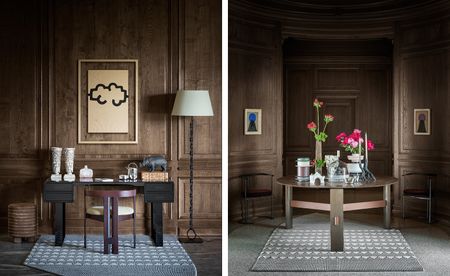 Left: Desk with various ornaments. Right: Chairs & table with lamp