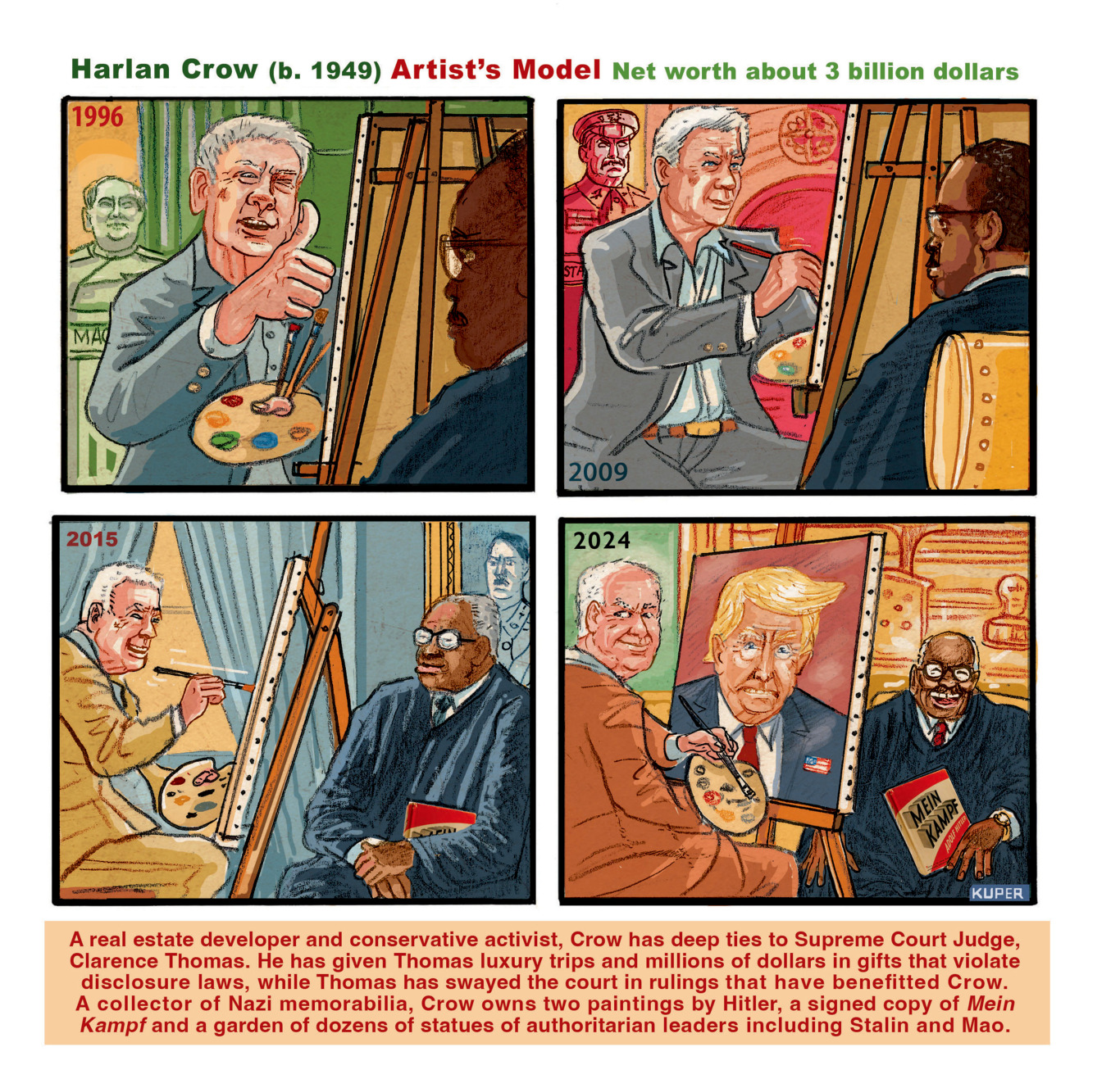 A political cartoon details Clarence Thomas' relationship with Harlan Crow.
