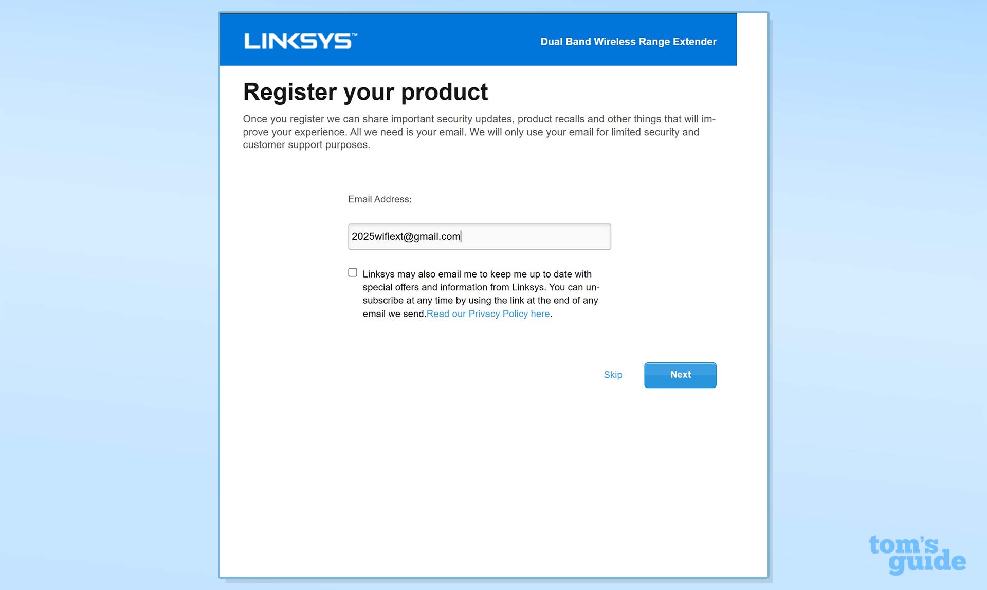 A setup menu screenshot for registering the Linksys RE7350.