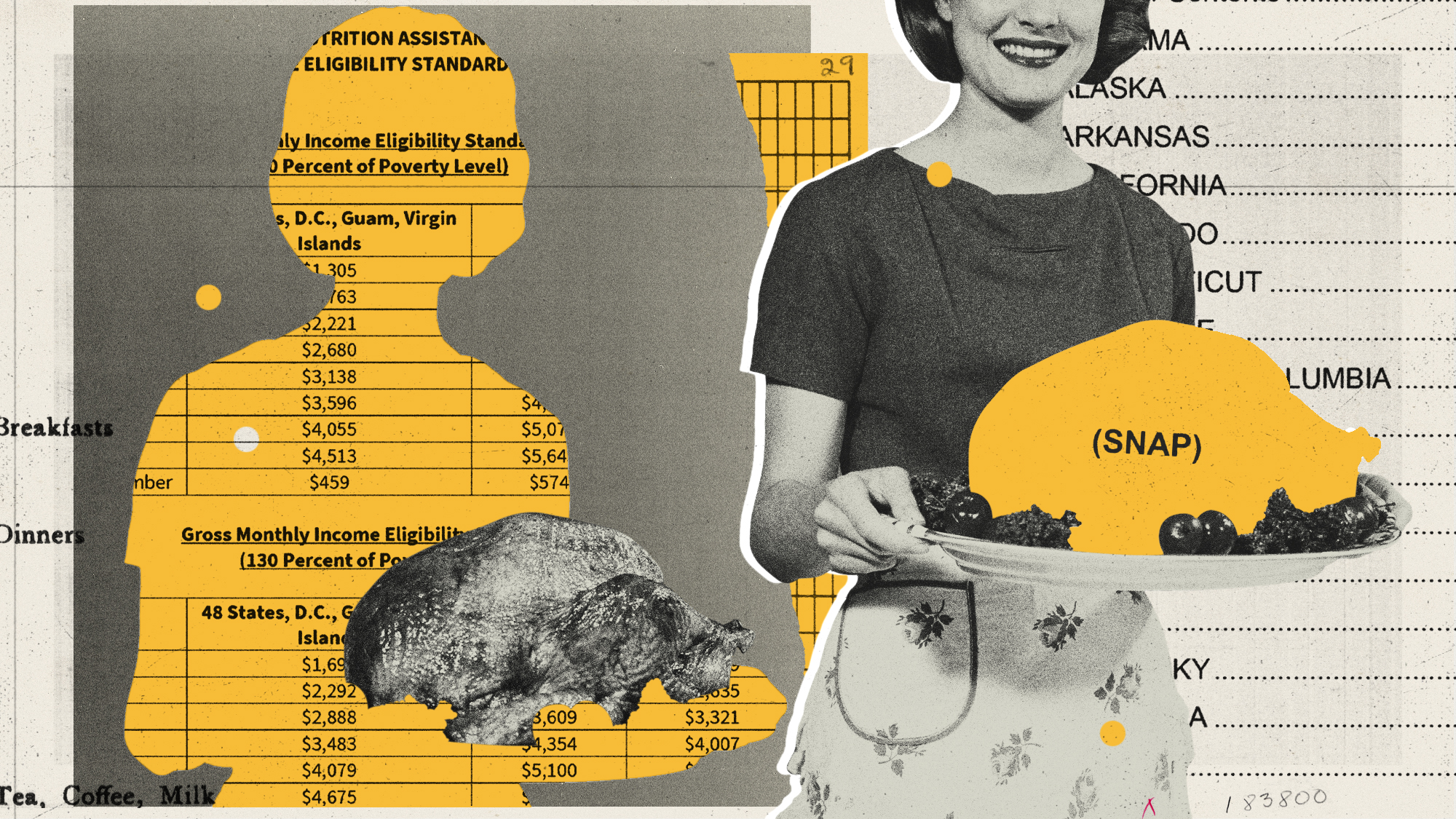 Photo composite illustration of a woman serving roast chicken and SNAP policy documents