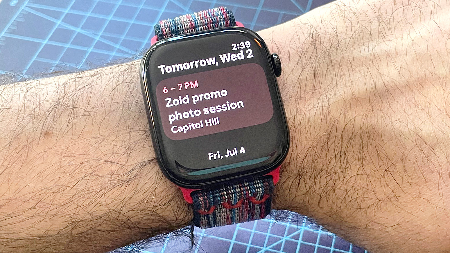 Close up of an Apple Watch Series 10 showing the steps to install the Google Calendar app, including navigating to the app store, searching and downloading the app and syncing it with your iPhone