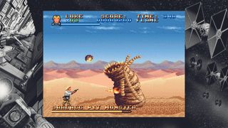 History of Star Wars PlayStation games; a pixel art man shoots a giant sand worm