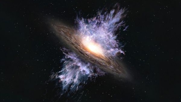 Ilustración artística de un viento galáctico impulsado por un agujero negro supermasivo ubicado en el centro de una galaxia. La intensa energía que emana del agujero negro crea un enorme flujo de gas que expulsa la materia interestelar que es el material para la formación de estrellas.