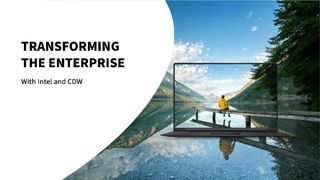 Man sat at a lake on the right hand side of picture and white background with black text that says Transforming the enterprise 