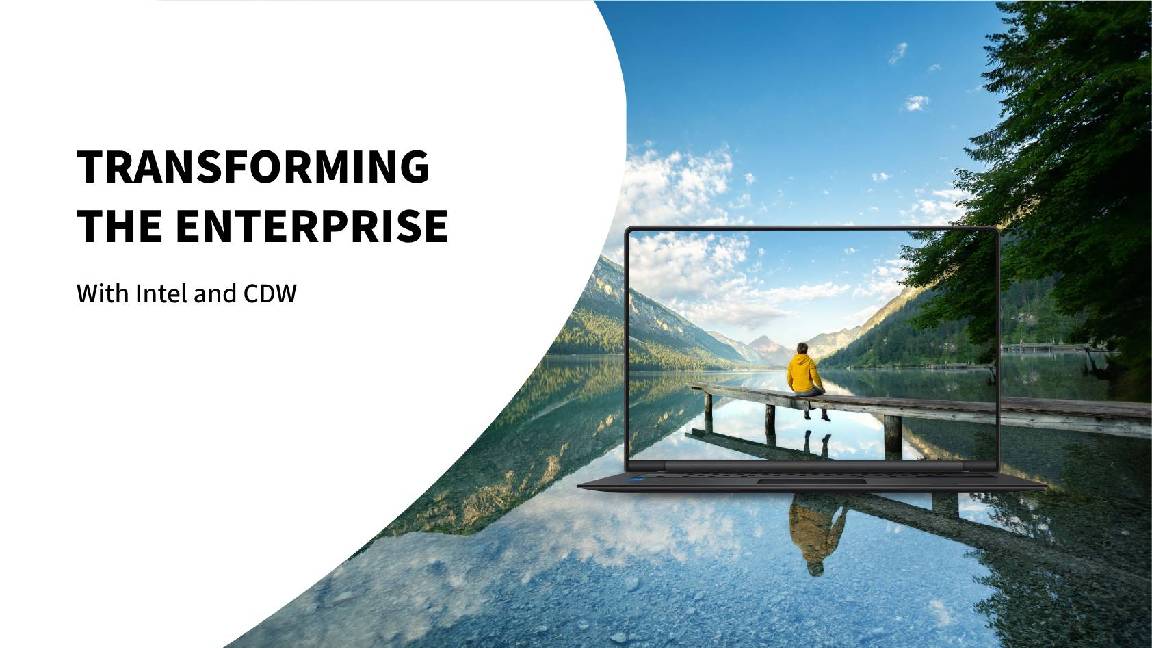 Man sat at a lake on the right hand side of picture and white background with black text that says Transforming the enterprise