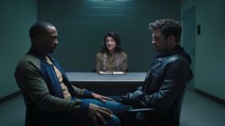 Anthony Mackie, Sebastian Stan, and Amy Aquino in The Falcon and the Winter Soldier