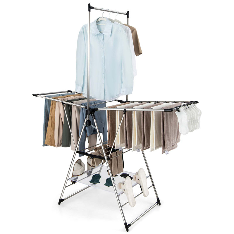 Rebrilliant 2-Layer Aluminum Foldable Drying Rack W/ Hanging Bar &amp;amp; 2 Height-Adjustable Wings &amp;amp; Reviews | Wayfair