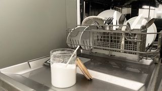 baking soda sitting on the open door of a dishwasher