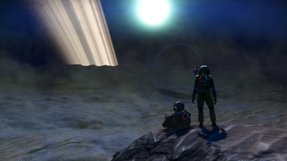 Relaxing PC games — Two player travelers pause to view their current planet's rings stretching across the night sky, as the system's star outlines a distant planet beyond.