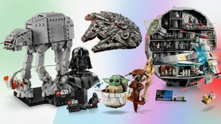 Star Wars Lego sets on gradient background in collage 