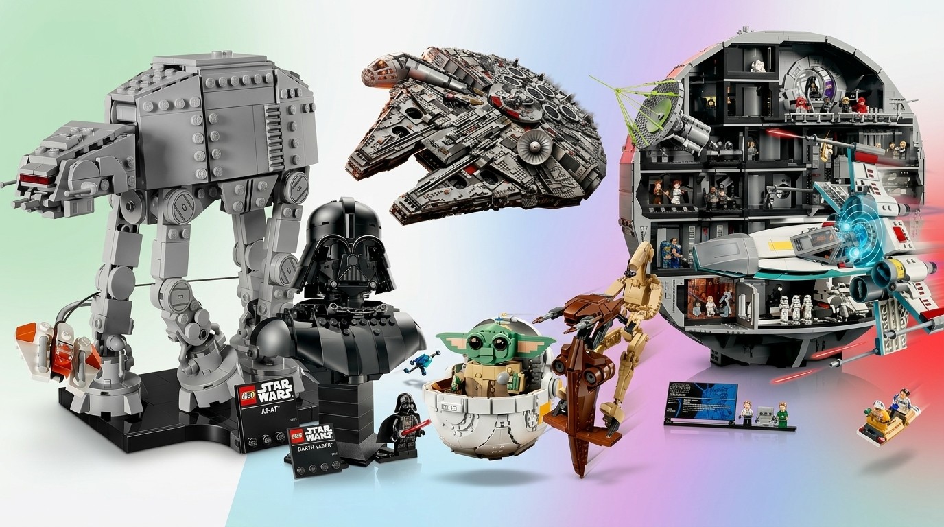 Star Wars Lego sets on gradient background in collage 