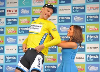 Marcel Kittel of Germany receives the leaders yellow jersey after winning stage one of the Tour of Britain in Liverpool City Centre.
