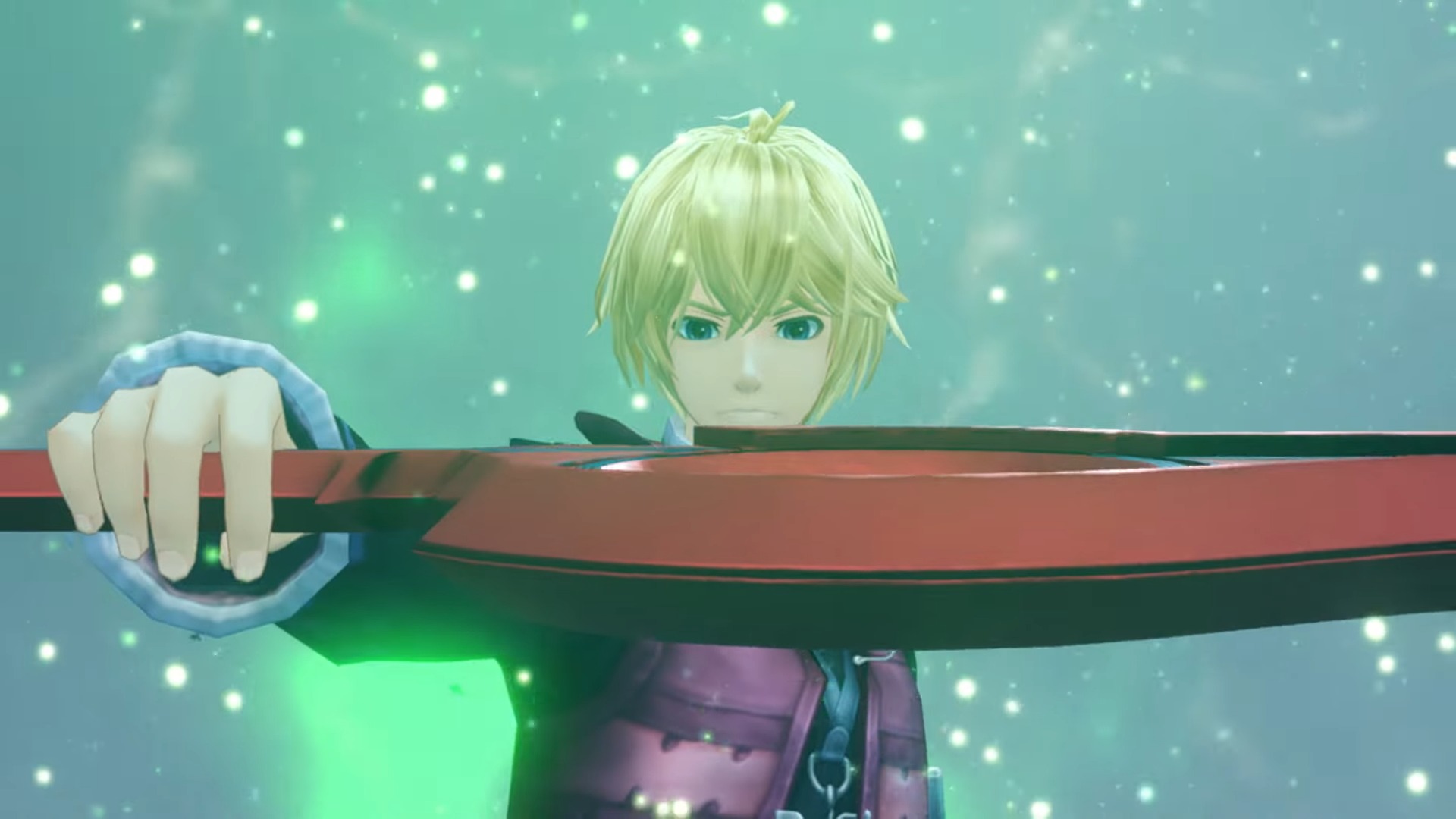 Shulk holds up the Monado in Xenoblade Chronicles Definitive Edition, surrounded by a green glow.