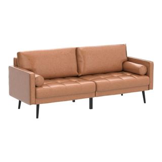 brown mid-century style leather sofa with black metal legs