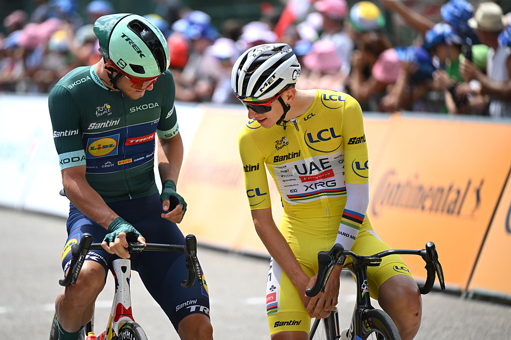 ALBERTVILLE, FRANCE - JULY 25: (L-R) Jonathan Milan of Italy and Team Lidl - Trek - Green Sprint Jersey and Tadej Pogacar of Slovenia and UAE Team Emirates - XRG - Yellow Leader Jersey prior to the 112th Tour de France 2025, Stage 19 a 93.1km stage from Albertville to La Plagne 2062m / #UCIWT / Stage route modified over infected cattle / on July 25, 2025 in Albertville, France.