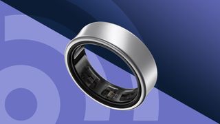Samsung Galaxy Ring against a two toned purple background