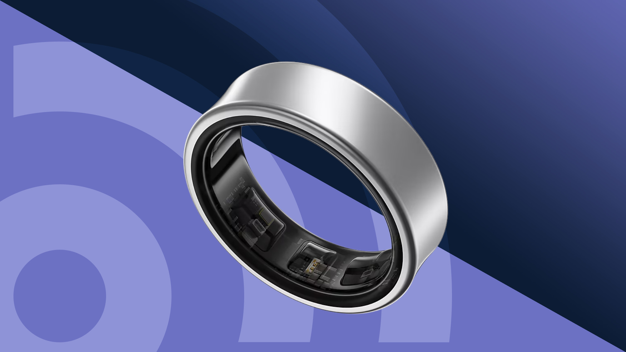 Samsung Galaxy Ring against a two toned purple background