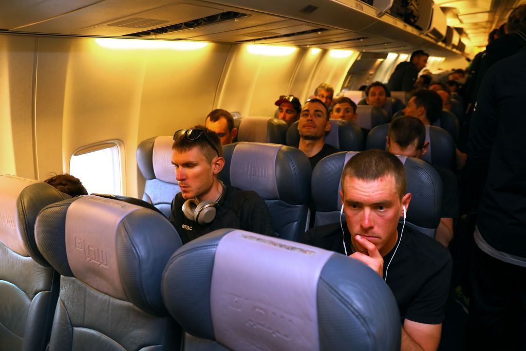 Tejay van Garderen on the flight from Sicily at the 2017 Giro d&#039;Italia with Rohan Dennis