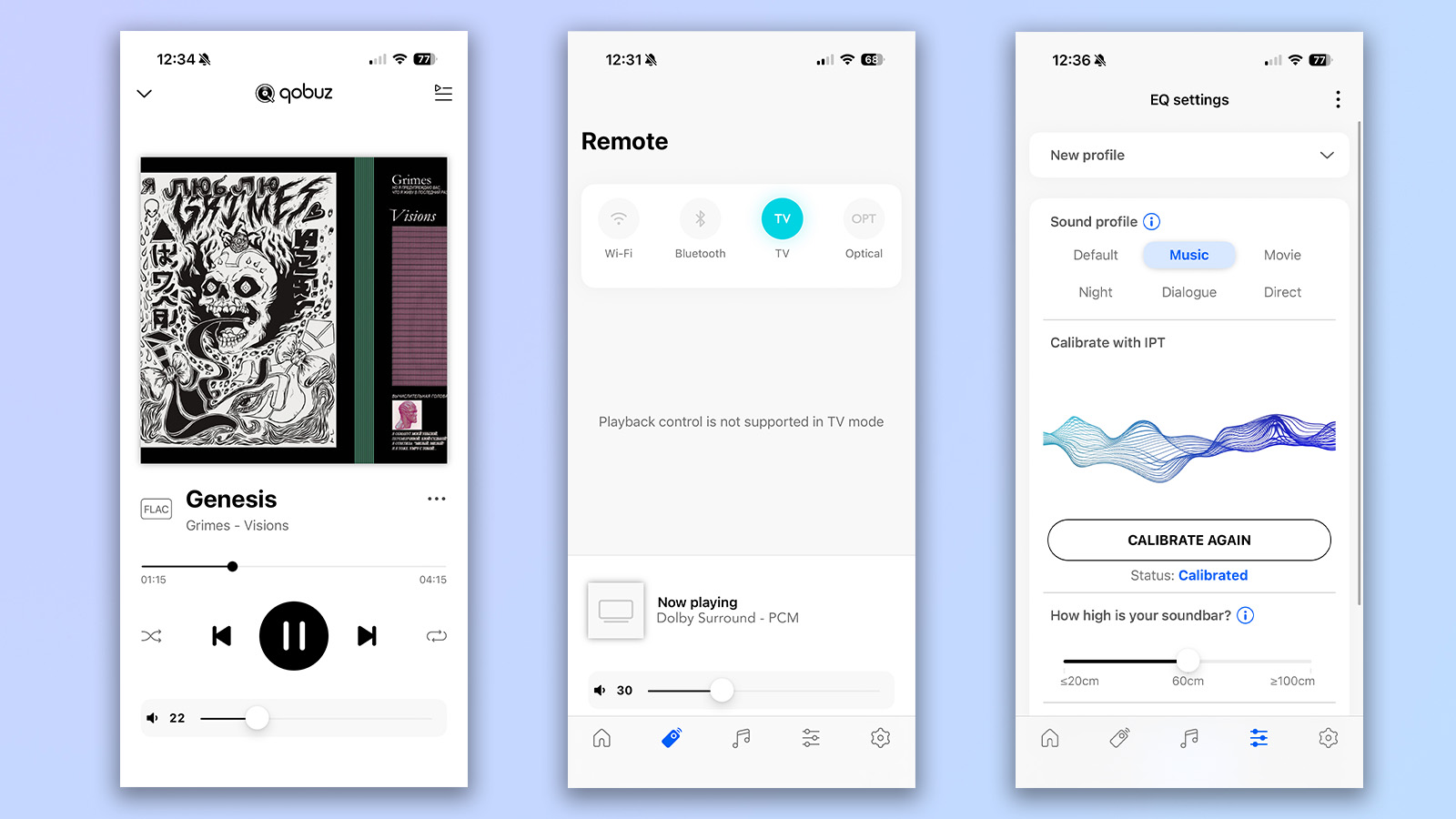 three screenshots from the KEF connect app showing usability with the KEF XIO