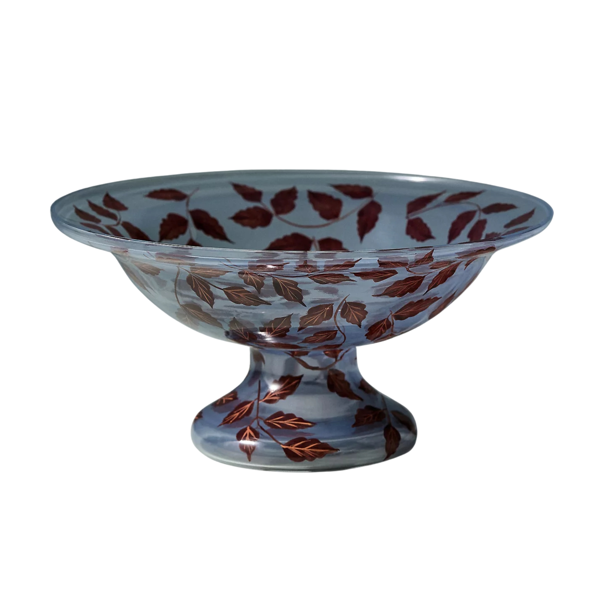 leaf-print glass pedestal bowl in blue and violet