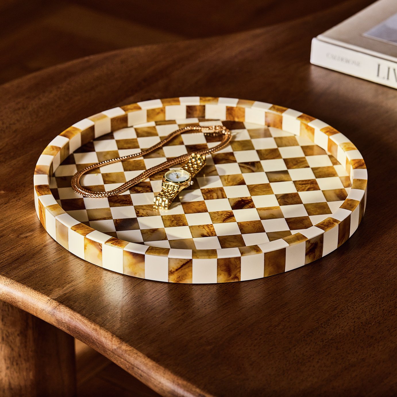 Habitat Checkered Resin Brown &amp;amp; White Round Trinket Tray