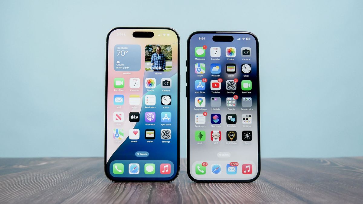 iPhone 16 Pro (silver) and iPhone 15 Pro (blue) compared