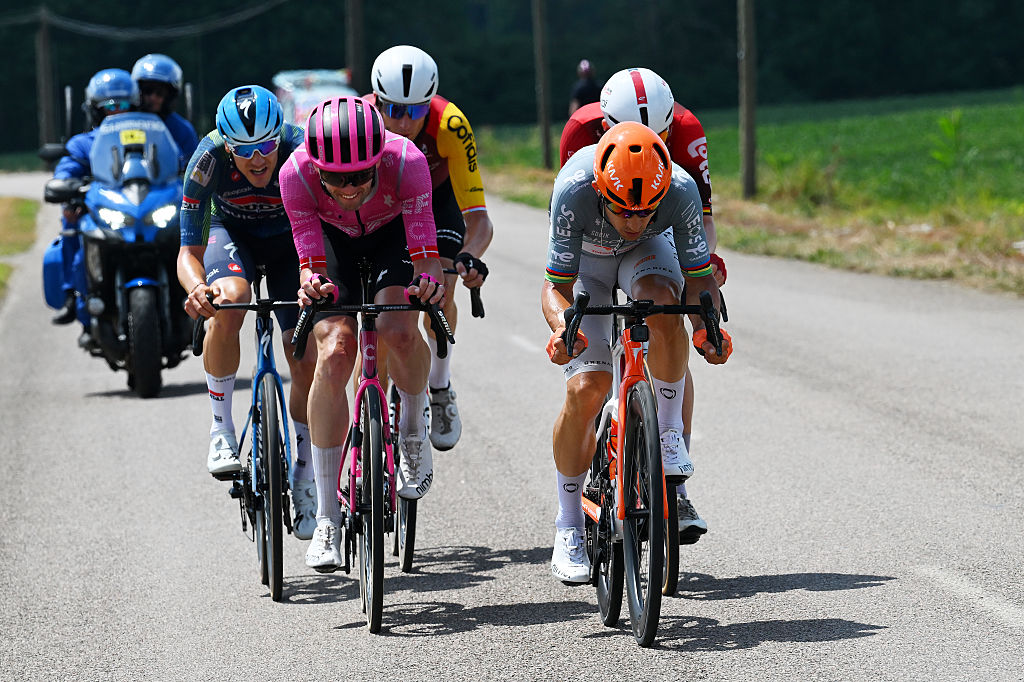 BELFORT, FRANCE - JULY 17: (L-R) Louis Vervaecke of Belgium and Team Soudal Quick-Step, Kasper Asgreen of Denmark and Team EF Education - EasyPost and Michal Kwiatkowski of Poland and Netcompany INEOS Cycling Team compete in the breakaway during the 113th Tour de France 2026, Stage 13 a 205.8km stage from Dole to Belfort / #UCIWT / on July 17, 2026 in Belfort, France. (Photo by Tim de Waele/Getty Images)