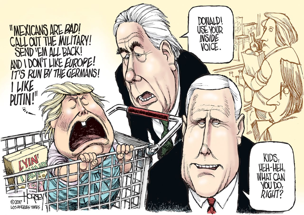 Political Cartoon U.S. Donald Trump Rex Tillerson Mike Pence Russia Mexicans baby