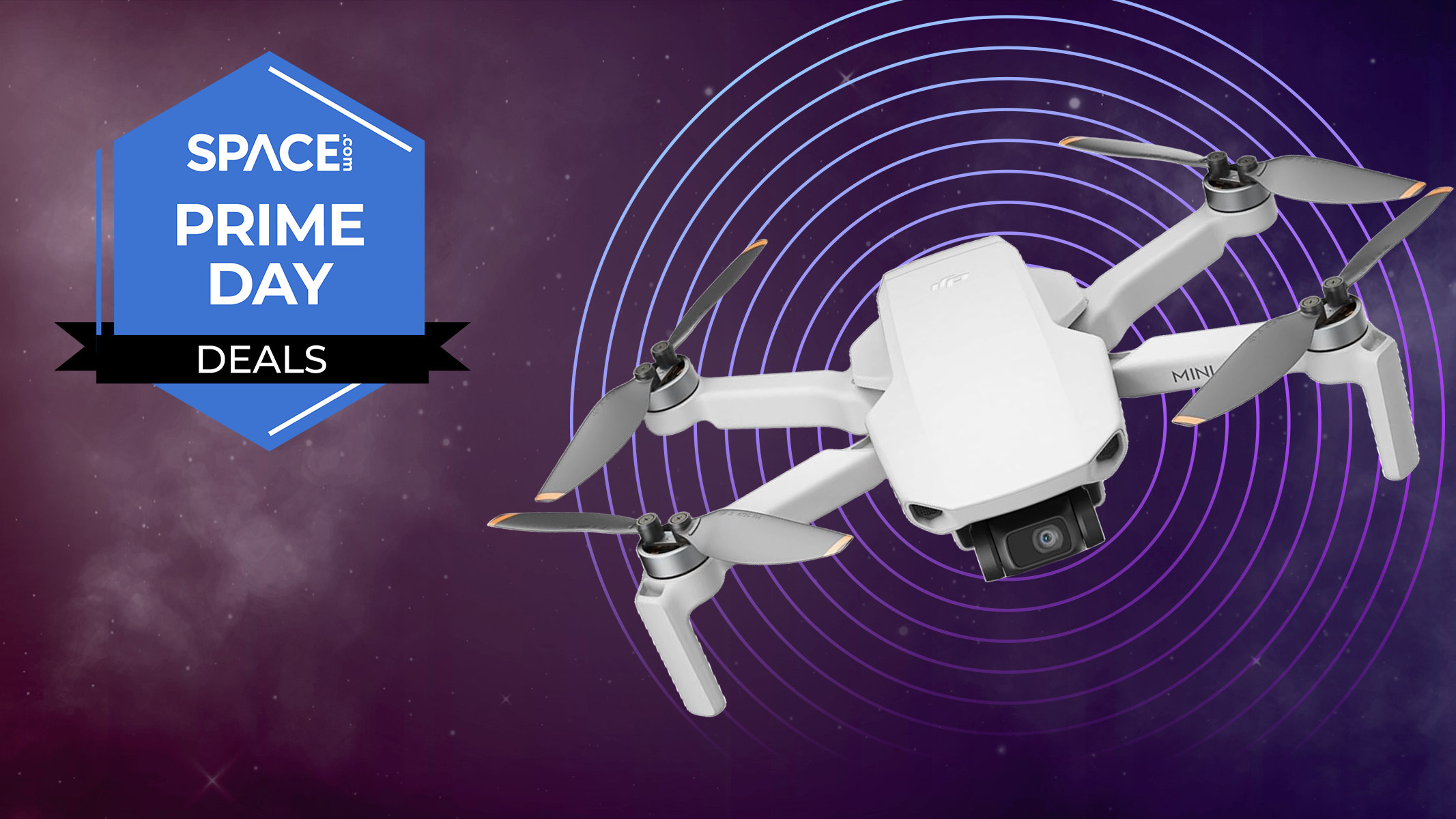 A DJI Mini 4k drone against a purple background with a Space Prime Day Deals badge.