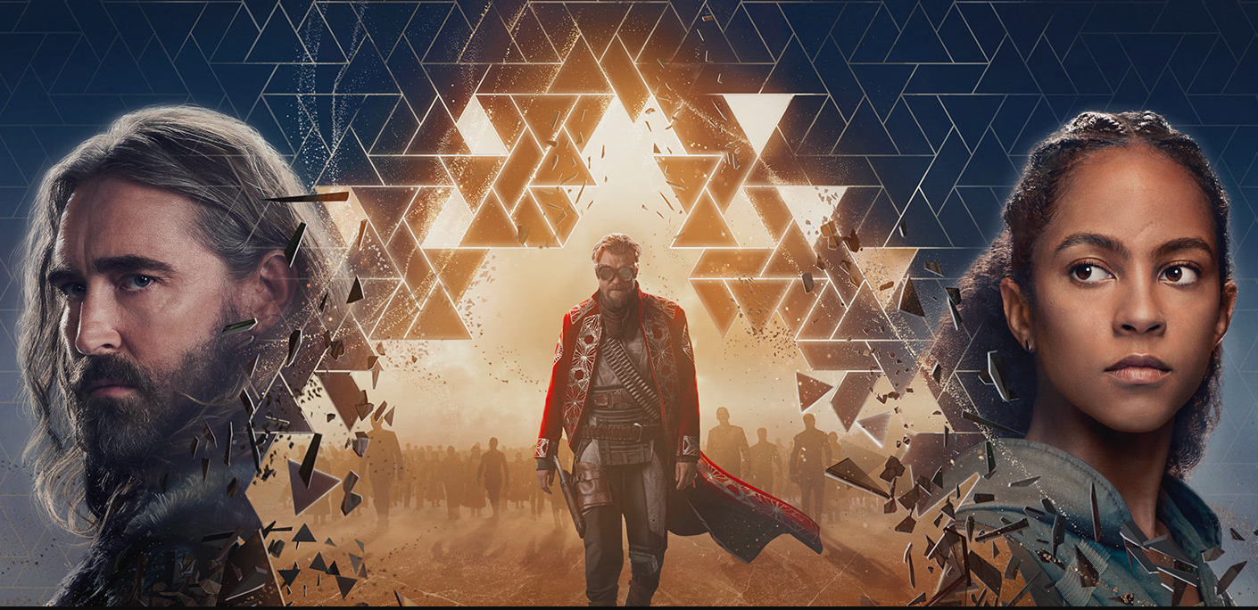 Three sci-fi characters on a TV series promo banner