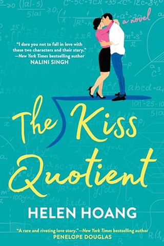 The Kiss Quotient book cover with a man and woman kissing and a background of math equations