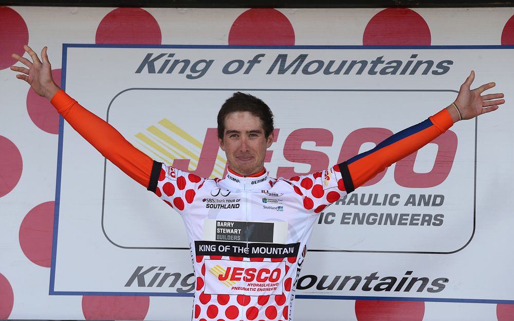 Nick Miller of Auckland finishes with the King of Mountains jeresy after stage one of the Tour of Southland