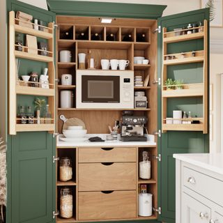 An open butler's pantry in green with appliances